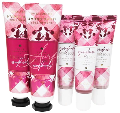 Bath & Body Gingham Gorgeous Lip Gloss + Hand Cream 5pc Mini Travel Set Pink New