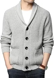 [Generic] Men's Shawl Collar Button Cardigan Jacket Male Cable Cardigan with Pocket Shawl Collar Knit Sweater for Men