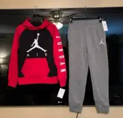 Nike Air Jordan Boys Logo Fleece Hoodie Jogger Pants Set RED GREY M 10 12 NWT