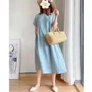 Short-Sleeve Round Neck Plain Midi A-Line Dress Light Blue - M
