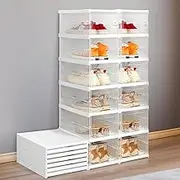 Marsui 2 Pack 6 Tier Foldable Shoe Rack Organizer for Closet 12 Pairs Plastic Shoe Rack with Doors Dust Proof Breathable Large Portable Stackable Storage Box for Entryway Containers Bins