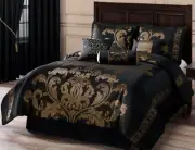 7-Piece Royale Jacquard Floral Comforter Set, Full/Double, Black/Gold