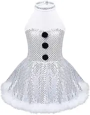 [RUNQHUI] Girls Shiny Sequins Figure Ice Skating Dress Christmas Snowman Performance Ballet Dance Costume