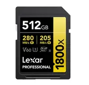 Lexar Professional 1800x 512G SDXC UHS-II Card GOLD Series 512GB C10, UHS-II(U3), V60, 1800x, up to 280MB/s read, 205MB/s write