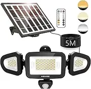 MEIKEE Outdoor Solar Lights, 3 Head Solar Motion Sensor Lights with Remote Control, IP66 Waterproof, 2000LM, Tunable 2700K-6500K, Separate Solar Panel with 5M Cable for Outside Security Lighting