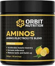 Orbit Nutrition Aminos - Lemon Flavor | Amino/Electrolyte Blend for Muscle Recovery, Endurance Boost, and Lactic Acid Reduction | 300gm - 30 Servings