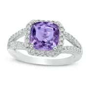 8.0mm Cushion-Cut Amethyst and White Topaz Frame Split Shank Ring in Sterling Silver