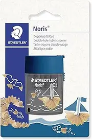 STAEDTLER 512 Double Sharpener Two Pointed Holes for Different Pen Formats, Blister Card with 1 Double Sharpener Noris Round, Fish & Boat Design, 512 003BK