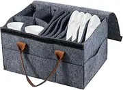 Caravan Plate Holders Felt with 8 Plate Compartments & 4 Bowl Cup Holder & 8 Side Pockets, Motorhome Camping Dinnerware Storage Felt Bag with Removable Divider & Lid & Handles for Tableware