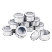 Set 12 Round Silver Metal Tin Containers with Clear Top Window Lid