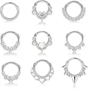 [Kakonia] 9PCS 16G Septum Rings for Women 316L Stainless Steel Daith Earrings Opal CZ Cartilage Helix Tragus Septum Clicker Ring Daith Piercing Jewelry