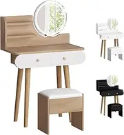 ‌ALFORDSON Compact Dressing Table & Stool Set, Small Makeup Desk with Adjustable LED Light Mirror, Storage Space & Stool for Bedrooms, Wood White