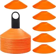 Faxco 50 Pcs Orange Mark Disks with Shelf and Net Bag, Soccer Cones with Holder for Training, Football, Sports, Field Cone Markers Outdoor Games Supplies