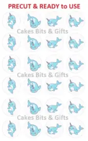 24 x NARWHAL UNICORN Mix Edible Wafer Cupcake Toppers PRE CUT READY to USE