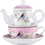 YBK Tech Tea for One Set, Glass Teapot with Porcelain Infuser Strainer and Cup & Saucer- Happy Bird Pattern (Pink)
