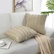 [Luxton] Striped Cushion Covers, Tassels Fringe Bohemian Cotton Linen Decorative Throw Pillow Covers, Set of 2, Beige, 18 x 18 inch 45 x 45 cm