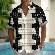 Men's Color Block Hemp Rope Shirt Summer Shirt Button Up Shirt Short Sleeve Fashion Casual Outdoor Vacation Dailywear Summer Spring Turndown 3D Print Collared