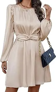 [Generic] Women's Crewneck Waisted Short Dress Long Sleeve Swing Mini Dress Pure Colour Long Sleeve Dresses