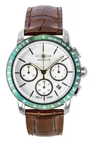 Zeppelin New York Quartz 88784 MenS Watch Chronograph Tachymeter Leather Strap White Dial 50M
