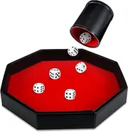 MiniInflat 8 Pcs Dice Tray Game Set Includes 1 Dice Tray, 1 Red Velvet PU Leather Octagon Dice Tray, Felt Lined PU Leather Dice Cup with 6 Dot Dices for Bar Party Dice Games