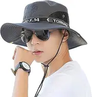 [CLSQLXYJZC] Outdoor Men's Sun Hat, Summer Sunscreen Shade Adjustable Chin Strap Quick Drying Big Brim Fisherman Hat, for Fishing Breathable Mesh Safari Boonie Bush Hat (Color : Grey)