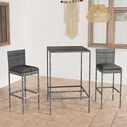 3 Piece Rattan Garden Bar Set, Outdoor Wicker Table with Comfortable Cushions, Patio Furniture for Balcony, Porch, Conversation - Grey