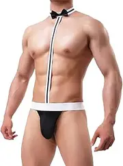 [MJIYSGS] Men's Sexy Bow Tie Bodysuit Thong Waiter Cosplay Costume, Mankini Beach Swimwear Suspender Thong Elastic G-String Butler Borat Underwear