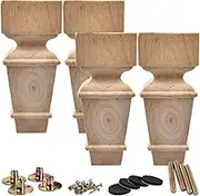 8 inch / 20cm Wooden Furniture Legs, La Vane Set of 4 Solid Wood Carved Geometry Unfinished Replacement Bun Feet with Mounting Plate & Screws for Sofa Cabinet Couch Table TV Stand