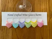 "Sugar hearts,Valentines Day'' SET OF 6 HAND CRAFTED wine glass drink markers