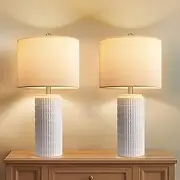 Webcem Ceramic Bedside Table Lamps Set of 2 with 3 Color Temperatures, Modern Lamps for Living Room Bedroom Bathroom Office Hotel Entrance Hall, Nightstand Lamps with White Linen Shade