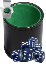 (6) Transparent Blue Glitter Dice + PU Leather Green Felt Lined Cup Gift Boxed