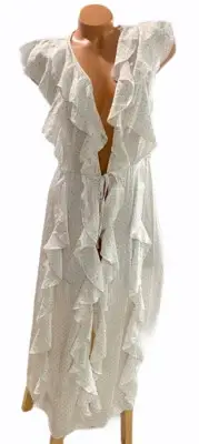 Victorias Secret Ruffled Robe/Gown White & Blk Polka Dots. Size Medium