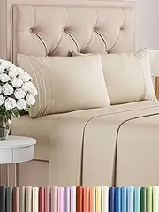 4 Piece Bed Sheet Double Size Set, Flat Sheet, Fitted Sheet and 2 Pillowcases – Wrinkle Free, Soft Microfiber Sheets with Deep Pockets for Mattresses up to 35cm, Oeko-TEX Certified - Wheat