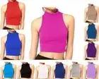 New Womens Sleeveless Plain Polo High Neck Crop Top Belly Turtle Vest 8-14