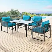 [ALFORDSON] Outdoor Patio Bistro Set 5PCs UV-Resistant Black Blue, 4X Armchairs & 120x70x70cm Dining Table Steel Frame Conversation Set, Lounge Sofa Chair & Side Coffee Table with Cushions