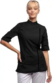 [strongAnt] Chef's Jacket Women's Short Sleeve Stretch with Press Studs or Zip Chef's Uniform, Black/with zip, 4X-Large