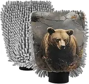 XYMZR Vintage Autumn Bear Absorbent Microfiber Car Wash Mitt, Funny Cute Anime Scratch Free for Cars Cleaning, Home Cleaning Mitts, 2 Pack, 10.24” L x 7.09” W