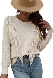 [KEOYA] Women's Casual Long Sleeve Tassel Sweater Crewneck Knit Pullover Sweater Jumper Tops
