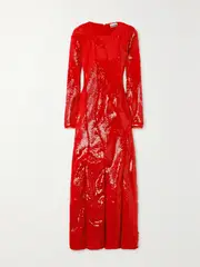 [GANNI] GANNI - Sequined Recycled Mesh Maxi Dress - Red - EU 38 EU 38 Red