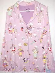 NICK & NORA Pajama Top Sleep shirt button modal Sz L women's sock monkey cook