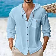 Men's Shirt Linen Shirt Beach Wear Button Up Shirt Hooded Shirt Plain Vacation Casual Black White Green Khaki Long Sleeve Hooded Spring Summer Clothing Appare