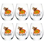 6PK Tallulah Wellness Stemless Wine Glass Tumbler Drinkware Bee Happy Clear