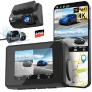 Dash Cam Front and Rear 4K Dash Camera for Cars Dashcam with WiFi GPS 64GB Ca...