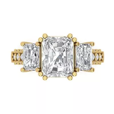 4.27Ct Emerald Cut White Sapphire 18k Gold Three Stone Engagement Promise Ring