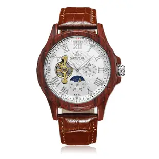 腕錶現貨禮物時尚休閒男士全自動機械手錶木頭表真皮錶帶日月星辰錶