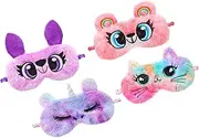 ZUNOXAZ 4Pcs Plush Sleep Mask for Adorable Eye Cover Comfortable Blindfold for Travel Home Soft Faux Eye Shades Owl Rainbow Cat Unicorn Bear