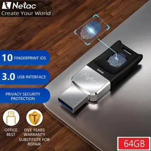 【Netac】64G USB 3.0 個資安全 專案專用 全新款 AES256指紋加密 隨身碟(台灣公司貨 10組指紋ID 5年保固)