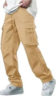 [Generic] Men's Cargo Pants Elastic Waist Drawstring Straight Legs Trousers Casual Joggers Hiking Pants with Pockets 2025 Trendy