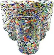 Hand Blown Mexican Drinking Glasses – Set of 6 Confetti Rock Design Glasses (14 oz each)