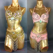 Women Belly Dance Costumes Set Sequin Beads Tassel Fringe Bra+Belt Stage Wear